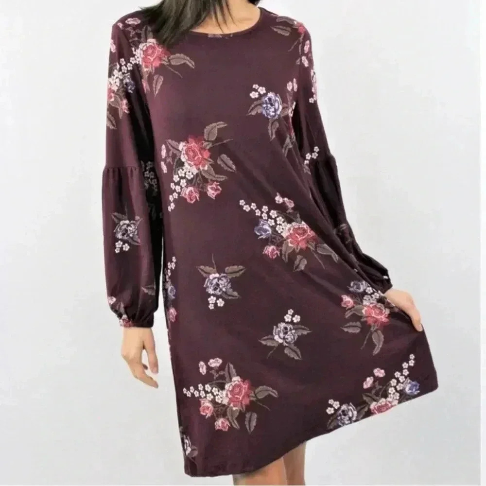 NWOT Maroon Burgundy Baroque Floral Dress Balloon Sleeve